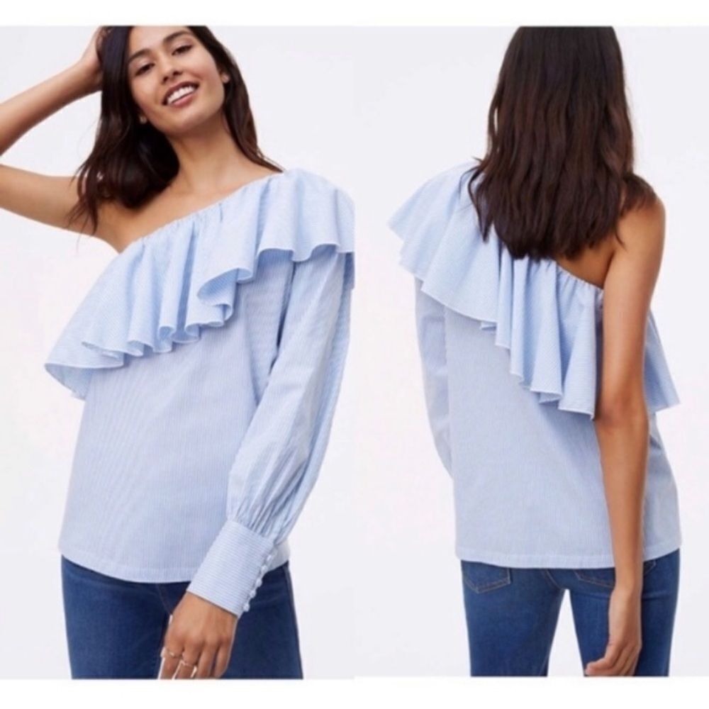 Loft striped Ruffle One Shoulder Shirt S Blue Top Blouse Off the Shoulder